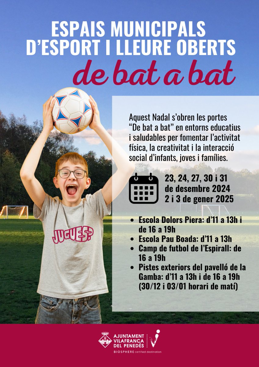 🎄🤸‍♀️Aquest #Nadal torna el programa “De bat a bat. Espais d’Esports i Lleure” i obren portes patis escolars i equipaments esportius

📆Obriran els dies 23, 24, 27, 30 i 31 de desembre de 2024 i el 2 i 3 de gener de 2025.

➕info: vlf.cat/batabat1224

#Vilafranca #capitaldelvi