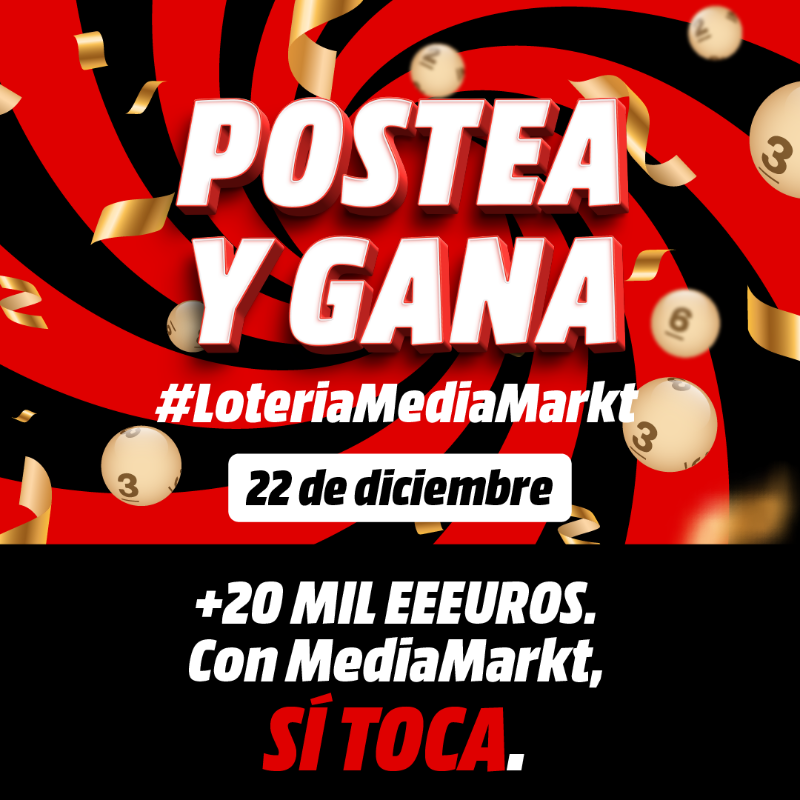 MediaMarkt_es's tweet photo. La lotería vívela en X 🥳 Este domingo 22/12 cada vez que salga uno de los 13 premios más importantes, ¡corre! 😱 Tendrás 1 minuto para postear #LoteriaMediaMarkt y GANAR PREMIAZOS✨ ¡Participa que es totalmente GRATIS! Repartimos más de 20.000€ en premios 🥰