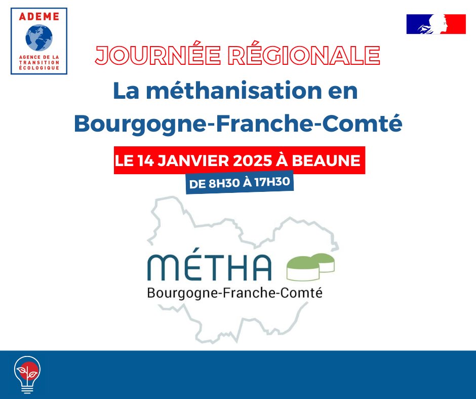 [Journée régionale : la #méthanisation en Bourgogne-Franche-Comté ]
Exploitants, porteurs de projets, collectivités, inscrivez-vous dès maintenant 👉🏼bit.ly/3ZLheq5

Rendez-vous au Palais des Congrès de #Beaune le 14 janvier 2025 pour découvrir les atouts de cette énergie