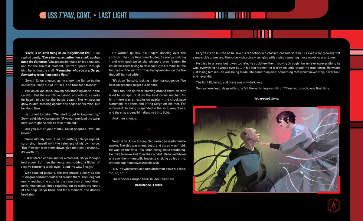 For todays #TrekTuesday #FightingshipsofWolf359 we have the USS T'Pau, the little Shi'kahr that could, but probably shouldnt. Bio written by <a href="/SalonTrek/">The Salon | A Star Trek Podcast</a>, Art by <a href="/_Pundus_/">Pundus 🐼 (pundus.art on bsky)</a>  and @steillustrates