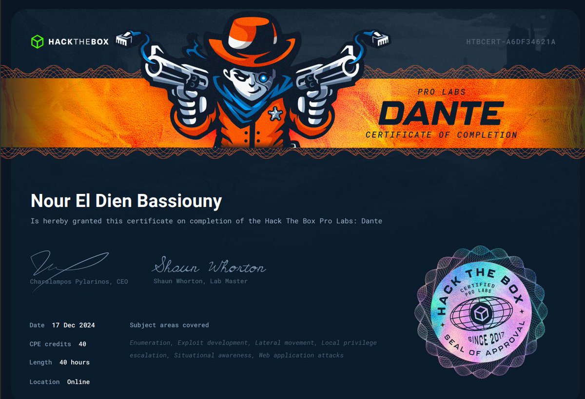 0xBassiouny1337's tweet image. Just pwned Dante! It was so easy compared to Hades, with the main focus on pivoting—everything else felt simple.
#HackTheBox #Dante #Prolabs #redteaming
