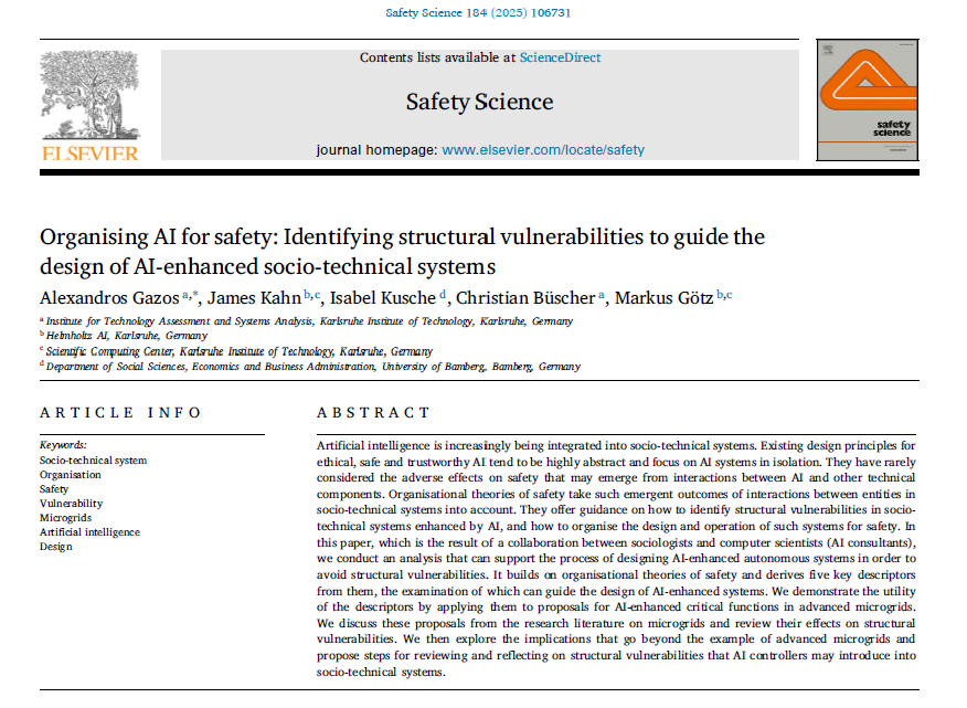 AlexandrosGazos's tweet photo. New pub 📢"Organising AI for safety: Identifying structural vulnerabilities to guide the design of AI-enhanced socio-technical systems"
by @AlexandrosGazos, @james_m_kahn, Isabel Kusche, Christian Büscher, @markus_v_goetz 
🔗https://t.co/B8T6bMMB1d
A 🧵1/7 https://t.co/SvLzV51ldJ
