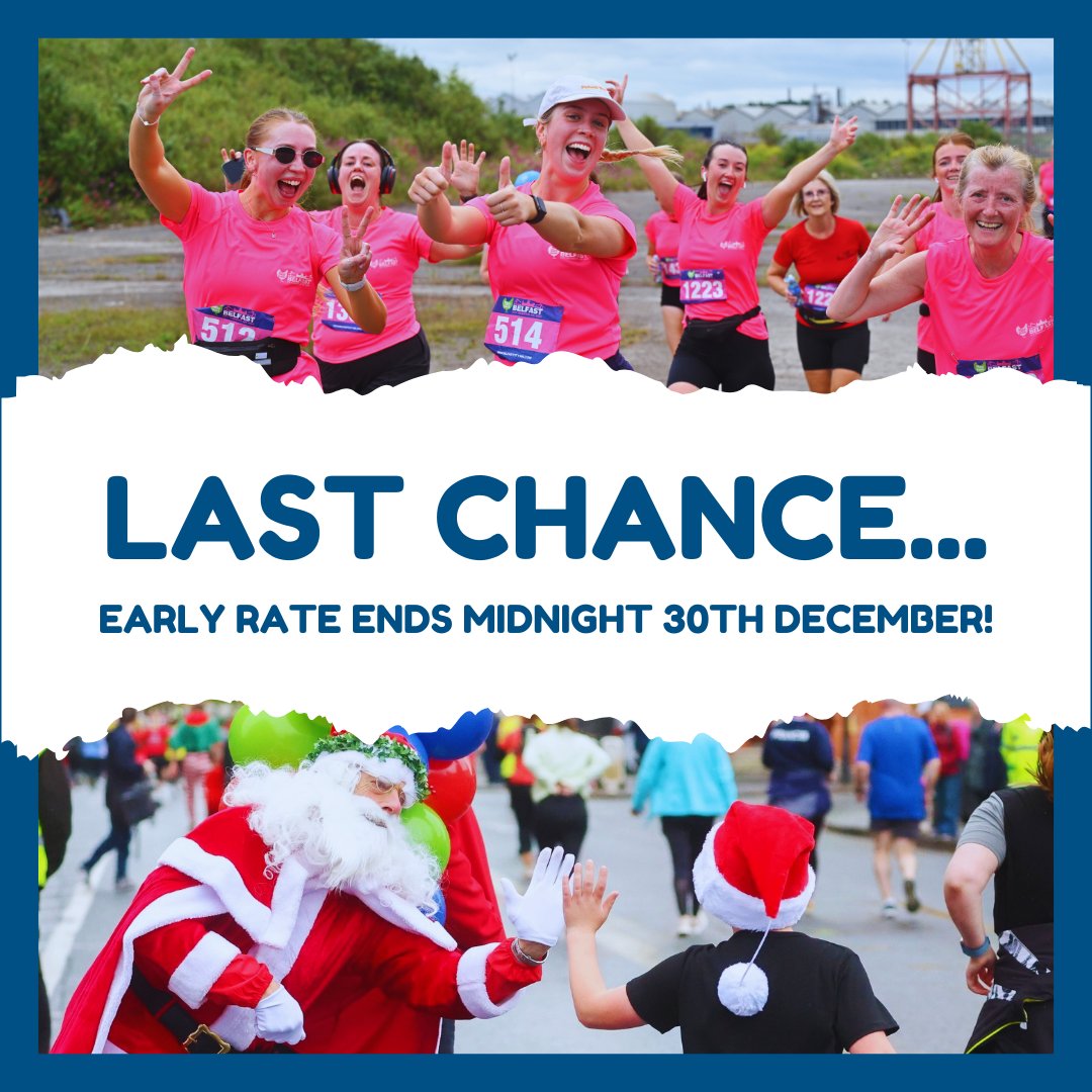 🗣️ 𝗘𝗔𝗥𝗟𝗬 𝗕𝗜𝗥𝗗 𝗘𝗡𝗗𝗦 𝗠𝗜𝗗𝗡𝗜𝗚𝗛𝗧 𝟯𝟬𝗧𝗛 𝗗𝗘𝗖

This is your last chance to bag an early bird entry... Don't miss out!

🗓️ Sunday 22nd June
🟣  Women's 10K

 🗓️ Sunday 16th November
🔴 Festive 5K Fun Run

Enter now at belfastcity10k.com