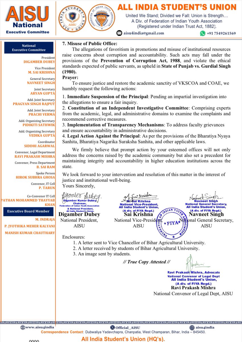 SaiRamSays's tweet photo. Update: Bihar CMO has forwarded @Official_AISU’s letter to the DGP of Bihar State. AISU in its letter has demanded IMMEDIATE SUSPENSION OF THE PRINCIPAL.
#BiharEducation #WorkplaceAccountability #FacultyProtest
@BiharPoliceCGRC @NitishKumar @AisuBihar @iChiragPaswan @PrashantKishor @Xpress_edex @News18Bihar @ZeeBiharNews @BJP4Bihar @BiharTakChannel @bihar_police @officecmbihar @laluprasadrjd @RJDforIndia @RJD_BiharState @Official_AISU