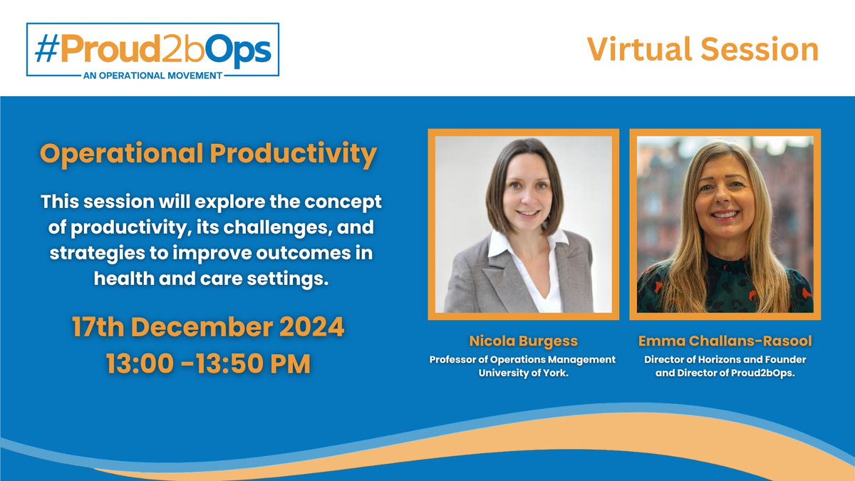 Proud2bOps - National Network (@proud2bops) on Twitter photo 📢 Join us for a workshop on Operational Productivity!
📅 17th Dec 2024
🕐 13:00-13:50
💻 MS Teams
With <a href="/DrNicolaBurgess/">Dr Nicola Burgess</a> and <a href="/emmachallans/">Emma Challans-Rasool 🧡💙 (she/her)</a>, explore productivity, the negative connotations, and ways to improve outcomes in healthcare.
📧 Members Check your inbox to join! 📢 Join us for a workshop on Operational Productivity!
📅 17th Dec 2024
🕐 13:00-13:50
💻 MS Teams
With <a href="/DrNicolaBurgess/">Dr Nicola Burgess</a> and <a href="/emmachallans/">Emma Challans-Rasool 🧡💙 (she/her)</a>, explore productivity, the negative connotations, and ways to improve outcomes in healthcare.
📧 Members Check your inbox to join!