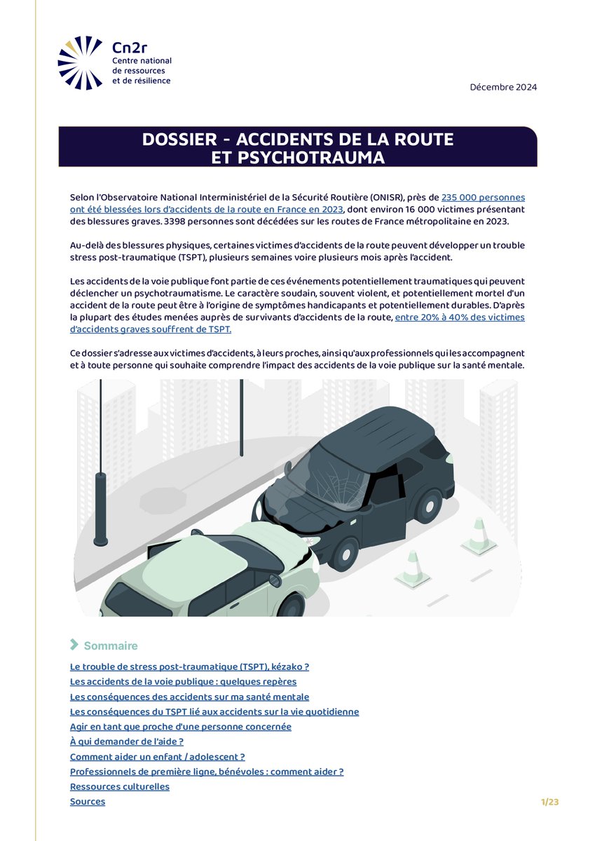 🚨 Selon l’Observatoire National Interministériel de la Sécurité Routière <a href="/RoutePlusSure/">Sécurité routière</a>, près de 235 000 personnes ont été blessées lors d’accidents de la route en France en 2023, découvrez notre dernier dossier sur le psychotraumatisme des AVP : cn2r.fr/ressources/acc…
