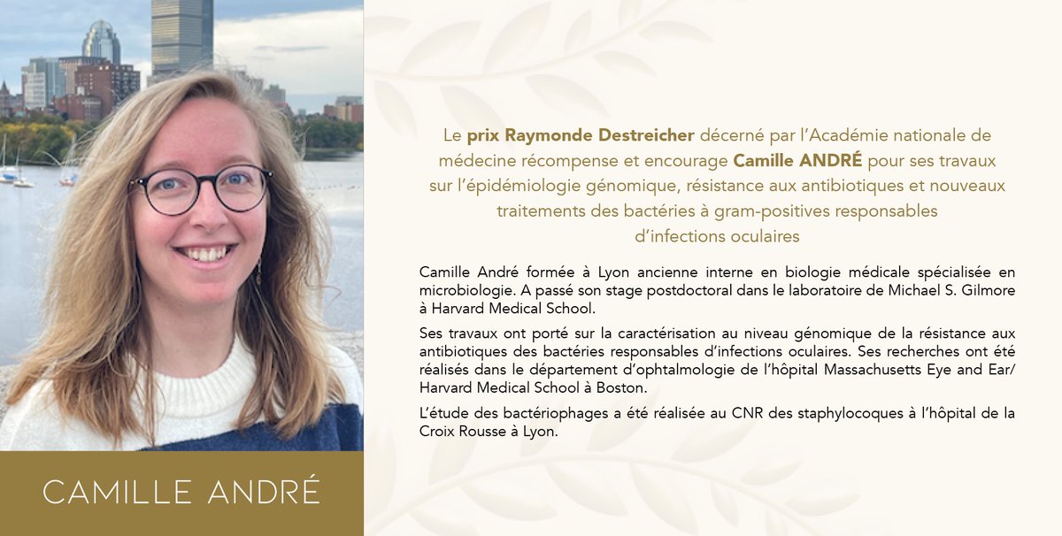 acadmed's tweet photo. [LAURÉATS 2024]
🏅Félicitations à Camille ANDRÉ, lauréate du prix Raymonde Destreicher pour "#épidémiologie #génomique, résistance aux #antibiotiques et nouveaux traitements des #bactéries à gram-positives responsables
d’#infections #oculaires"

🛜 https://t.co/fNmn6ec9Iu https://t.co/guDlSJnEvx