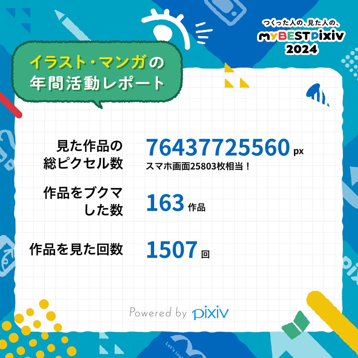 私の、2024年に見た作品の総ピクセル数は76437725560pxです！
みんなの #myBESTpixiv2024 も教えて！👉️
pixiv.net/special/mybest…