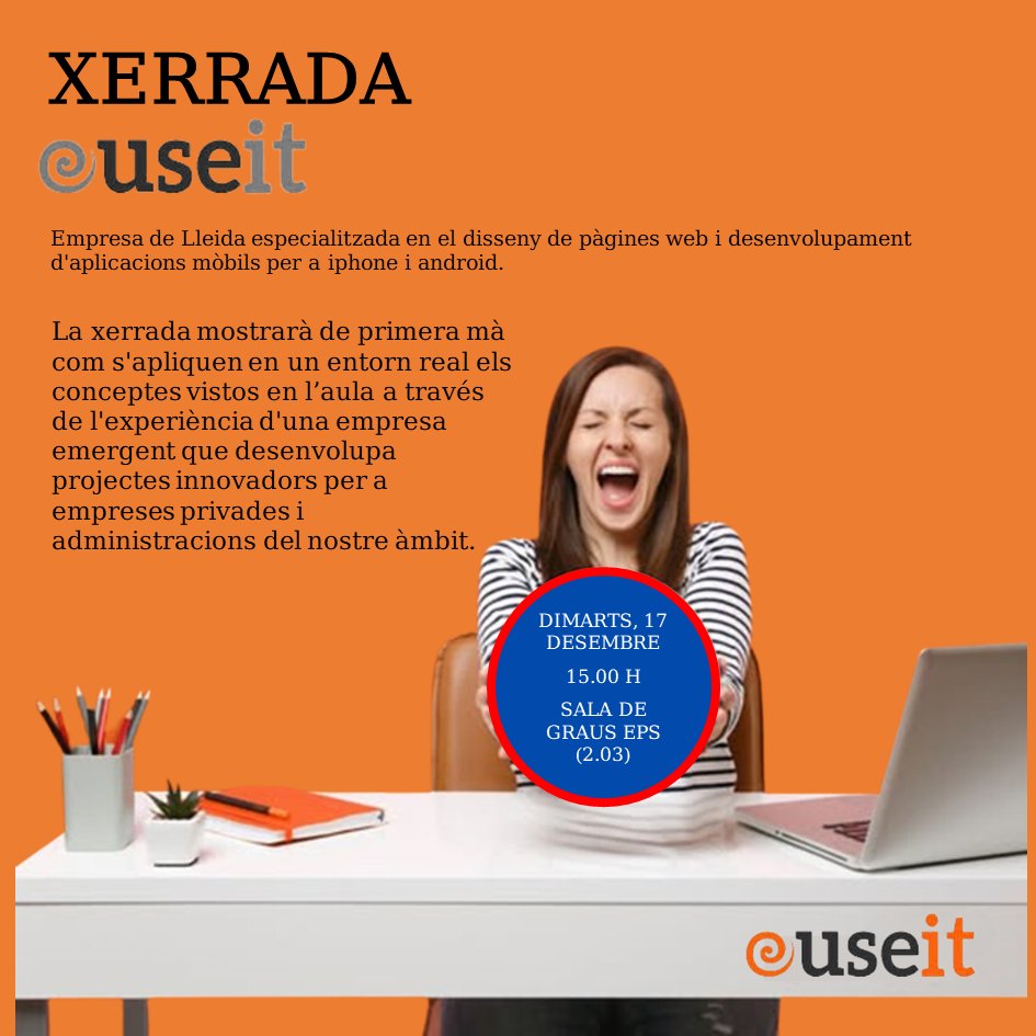Aquesta tarda a l'<a href="/EPS_UdL/">Politècnica UdL</a> , <a href="/useit_software/">UseIt</a> empresa de Lleida  especialitzada en el disseny de pàgines web i desenvolupament d'aplicacions mòbils per a iphone i android oferirà una xerrada als alumnes de l'àmbit informàtic eps.udl.cat/ca/agenda/Xerr…