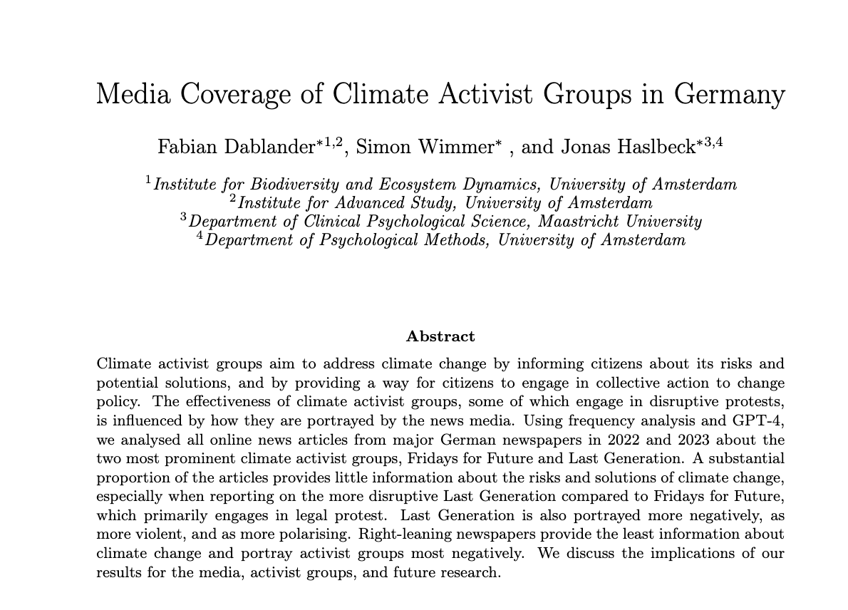 Fabian Dablander (@fdabl.bsky.social) (@fdabl) on Twitter photo How are climate activist groups <a href="/FridayForFuture/">Fridays for Future Germany</a>
and <a href="/AufstandLastGen/">Letzte Generation</a> portrayed in the media?
We used ChatGPT & frequency analysis on all news articles in major German newspapers to answer this question.
Updated preprint: osf.io/preprints/psya… w <a href="/jonashaslbeck/">jonas haslbeck (jmbh.bsky.social)</a> & Simon Wimmer How are climate activist groups <a href="/FridayForFuture/">Fridays for Future Germany</a>
and <a href="/AufstandLastGen/">Letzte Generation</a> portrayed in the media?
We used ChatGPT & frequency analysis on all news articles in major German newspapers to answer this question.
Updated preprint: osf.io/preprints/psya… w <a href="/jonashaslbeck/">jonas haslbeck (jmbh.bsky.social)</a> & Simon Wimmer