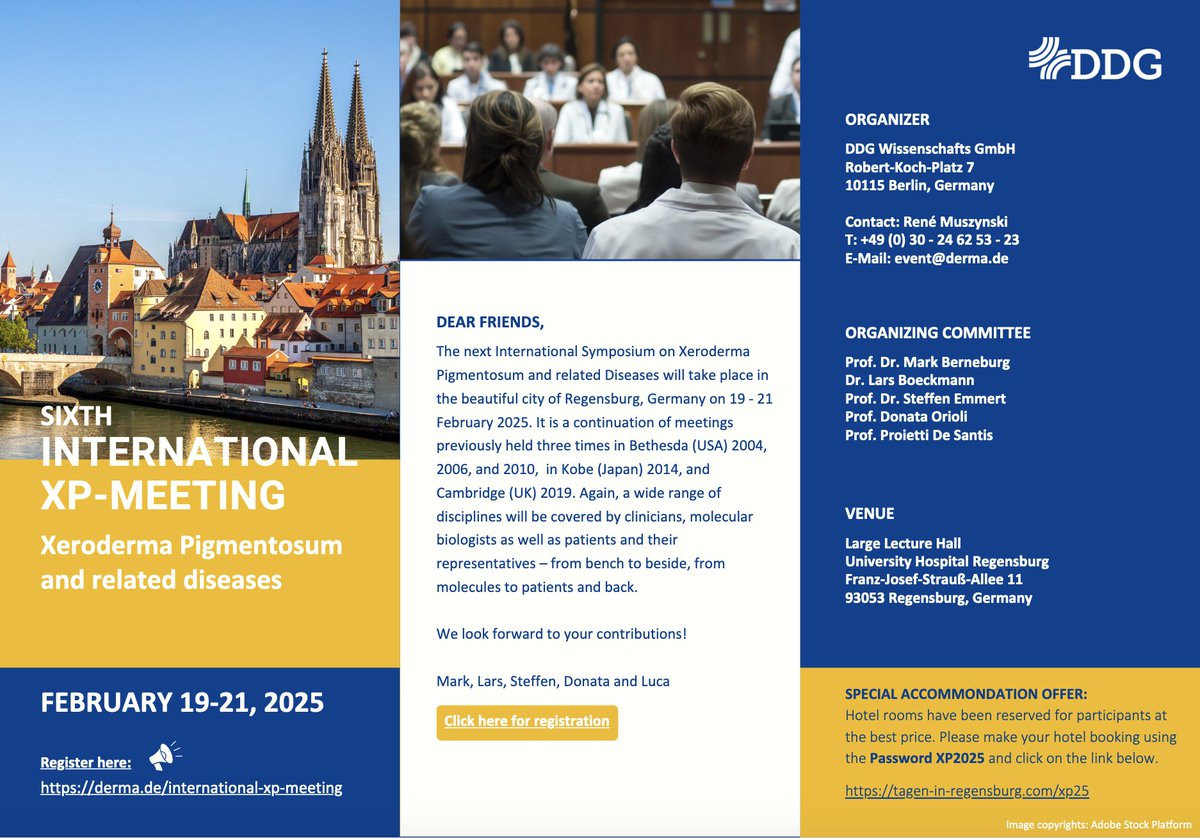 📢 Meeeting announcement: The 6th International Meeting on Xeroderma Pigmentosum and Related Diseases will take place on February 19-21, 2025 at the University Hospital Regensburg, Germany. More info at the official website: derma.de/international-…