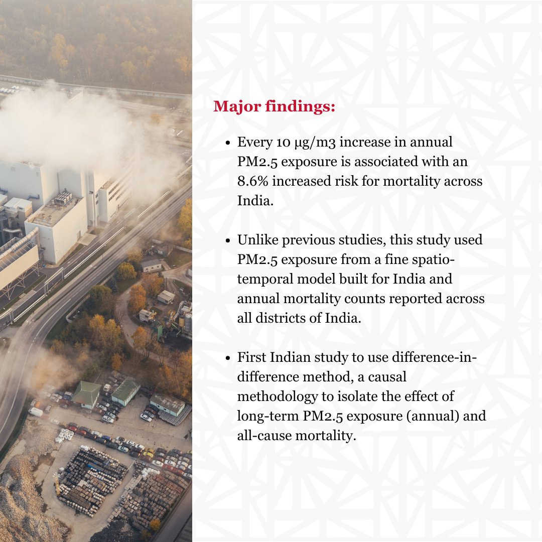 AshokaUniv's tweet photo. Consortium for Climate, Health and Air pollution Research in India (CHAIR-India), in a new study published in the Lancet Planetary Health, revealed that long term exposure to fine particulate matter (PM2.5) pollution concentrations higher than the 5 μg/m³ annual average recommended by the WHO is potentially associated with 1.5 million deaths a year in India. According to the findings, the 1.4 billion people in India live in areas with PM2.5 concentrations above that recommended by the WHO guidelines.

This is the first Indian study to use difference-in-difference method, a causal methodology to isolate the effect of long-term PM2.5 exposure (annual) and all-cause mortality. The study observed that the risk is high even at lower air pollution levels, indicating the need to reduce air pollution levels across the country. It included annual death data reported across all districts and PM2.5 exposure from a spatio-temporal model built for India.

Read More: https://t.co/xZe1kWwRoV

(@TheLancet, @WHO, @CHART_TSB) 
 
#AshokaUniversity