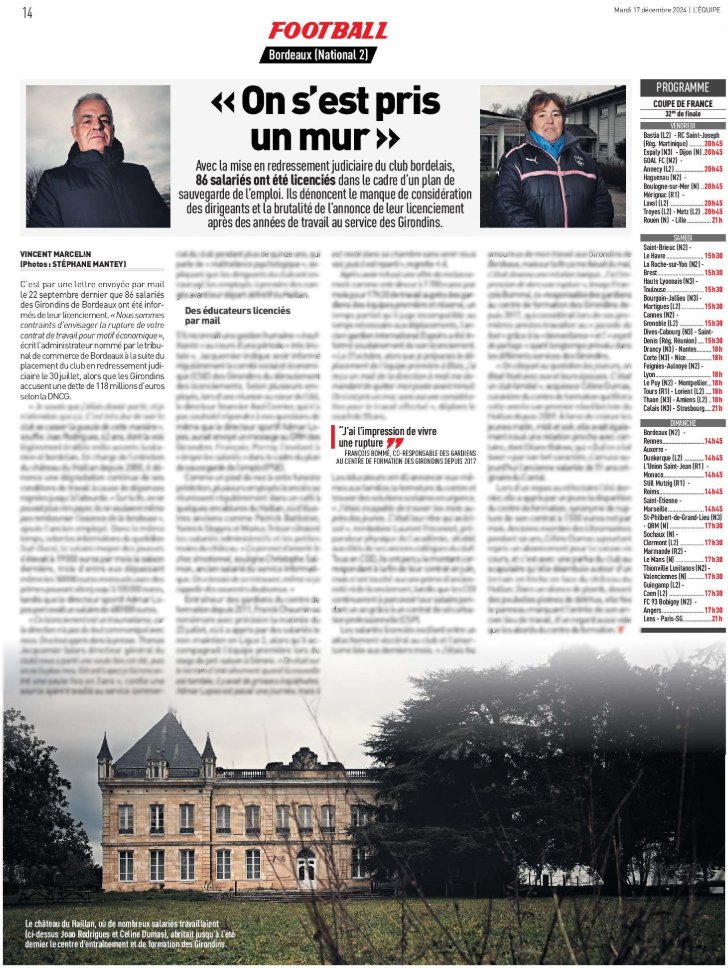 Avec la mise en redressement judiciaire des Girondins de Bordeaux, 86 salariés du club ont été licenciés. Ils dénoncent le manque de considération des dirigeants et la brutalité de l'annonce de leur licenciement. Reportage via <a href="/lequipe/">L'Équipe</a> dans le journal du jour 📸 Stéphane Mantey