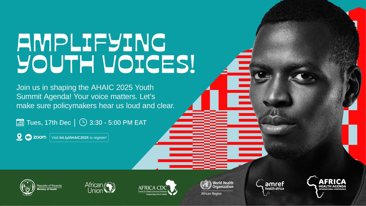 AfricaCDCYouth's tweet photo. If you are yet to register for the consultation ahead of the forthcoming #AHAIC2025 Youth Summit, then you are missing the chance to be a part of the movement to shape Africa’s health and development future.

Join us today at 3:30 PM EAT by registering ▶️ https://t.co/OlGcEpBlkb https://t.co/iCBsmHru9H