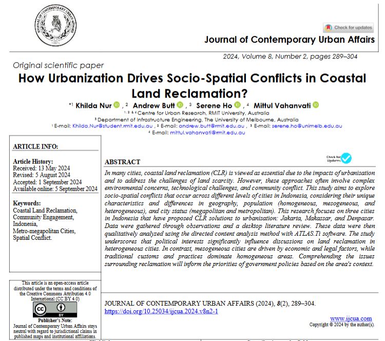 How Urbanization Drives Socio-Spatial Conflicts in Coastal Land Reclamation?
DOI: doi.org/10.25034/ijcua…
Khilda Nur, Andrew Butt, Serene Ho, Mittul Vahanvati