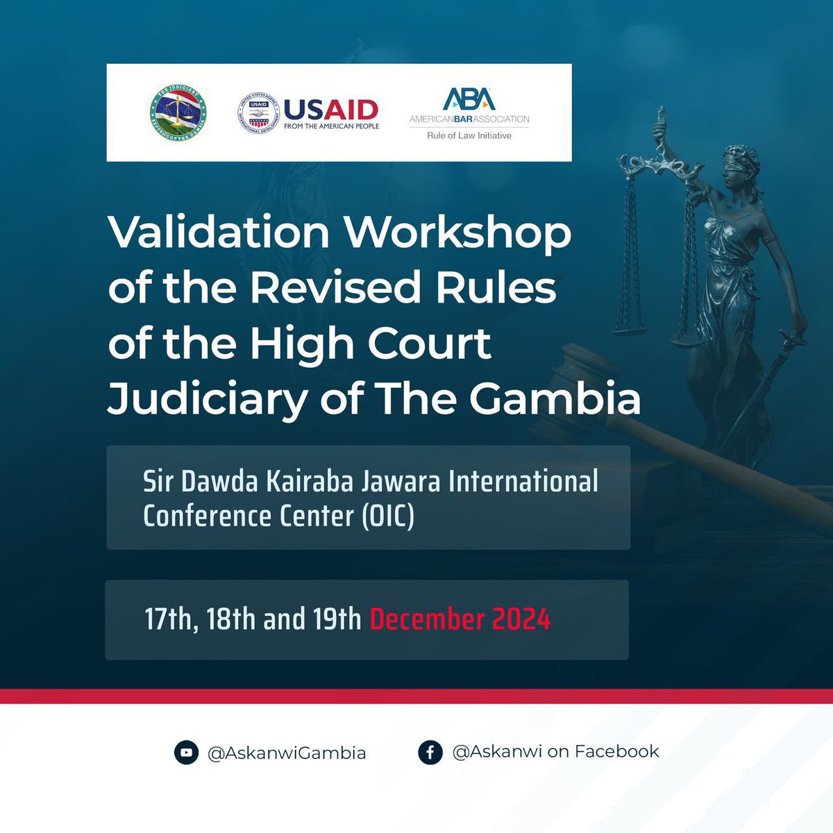 PRJ_Gambia's tweet image. 📹 Live: Validation Workshop on the Revised Rules of the High Court
We are live streaming the opening ceremony of the validation workshop on the Draft High Court (Civil Procedure) Rules, 2024.
#Askanwi #ABA #USAID #Judiciary
youtube.com/live/il25Dcr_F…