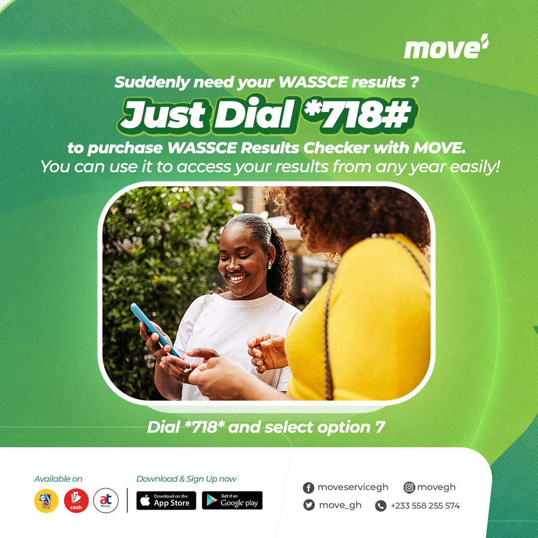Check your WASSCE results from any year quickly and stress-free!

📱 Step 1: Dial *718# from your phone.
📋 Step 2: Select Option 7 from the menu and follow the prompts.
💡 It’s fast, secure, and available anytime, anywhere!

Don’t wait! Get your results now! ✅