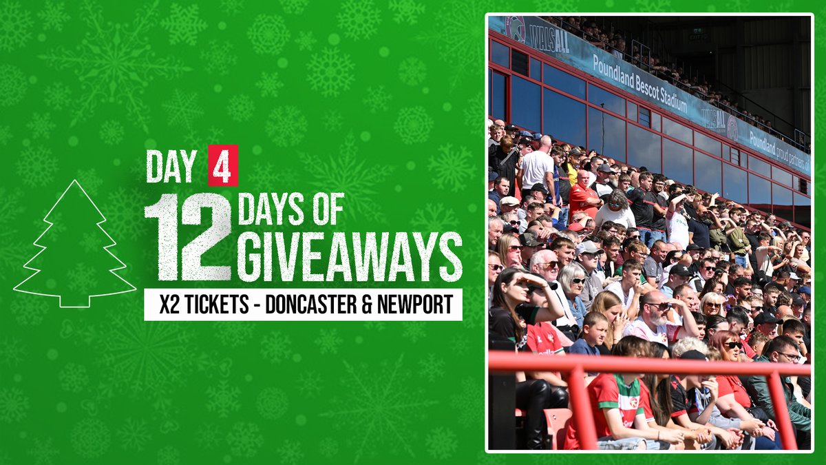 Walsall FC (@wfcofficial) on Twitter photo 🎄 #12DaysOfGiveaways - Day 4⃣!
🎟️ Up next, we have two tickets for our Christmas fixtures against <a href="/drfc_official/">Doncaster Rovers FC</a> & <a href="/NewportCounty/">Newport County AFC</a>
🎅 To be in with a chance of winning, just reply to this tweet with the comment #SantaIsASaddler! 🎄 #12DaysOfGiveaways - Day 4⃣!
🎟️ Up next, we have two tickets for our Christmas fixtures against <a href="/drfc_official/">Doncaster Rovers FC</a> & <a href="/NewportCounty/">Newport County AFC</a>
🎅 To be in with a chance of winning, just reply to this tweet with the comment #SantaIsASaddler!