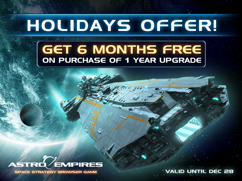 Astro_Empires's tweet photo. Holidays Offer!

Upgrade for 12 months (24.99€) and receive an EXTRA 6 months FREE! – that's 18 months total of premium gameplay!

Hurry, this offer is only available until December 28. Don't miss out! https://t.co/8MQ16ErYm0