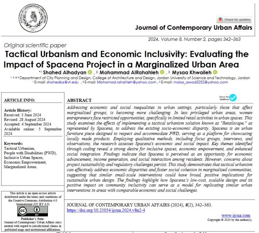 A Tactical Urbanism and Economic Inclusivity: Evaluating the Impact of Spacena Project in a Marginalized Urban Area
DOI: doi.org/10.25034/ijcua…
Shahed Alhadyan, Mohammad AlRahahleh, Mysaa Khwaileh