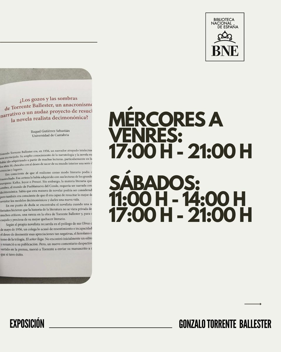 ¡Ya está disponible el catálogo de la exposición 'Gonzalo Torrente Ballester, la travesía de un creador' de la BNE!. 📍A la venta durante la exposición de Juan Giralt, en horario de apertura. ¡No te quedes sin el tuyo!
