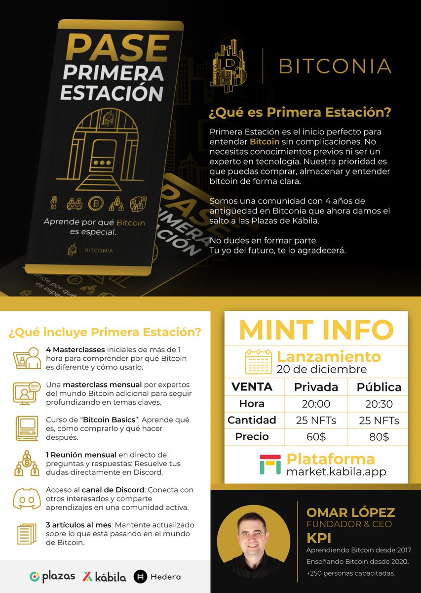 🚨 ¡Sorteo de 4 WL para el Mint de Primera Estación!  

Primera Estación es el inicio perfecto para entender Bitcoin sin complicaciones. No necesitas conocimientos previos ni ser un experto en tecnología. Nuestra prioridad es que puedas comprar, almacenar y entender bitcoin de