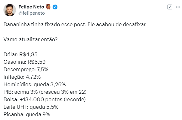 rafacouto1988's tweet photo. Menine Foque @felipeneto.

Vamos atualizar então?  
Dólar: R$ 6,18
Gasolina: R$6,39
Desemprego: 40,9% (Com 37 milhões no Bolsa Família, o desemprego real chega a 44 milhões, ou 40,9%, bem acima dos 6,8% oficiais.)
Inflação: 4,72% 
Homicídios: 12,9%
PIB: 3,1
Bolsa: 123.000 pontos
Leite UHT: aumento 18,9% 
Picanha: aumento de 14,5%