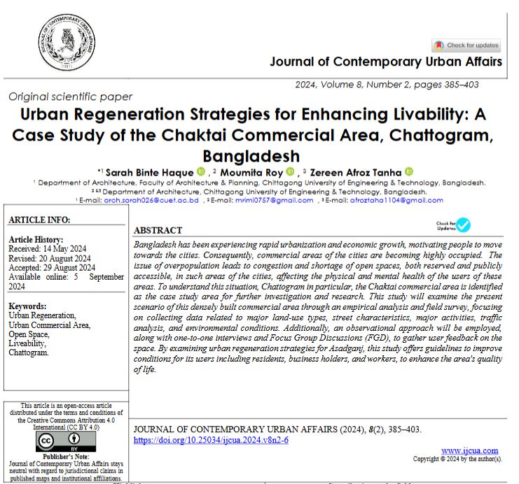 Urban Regeneration Strategies for Enhancing Livability: A Case Study of the Chaktai Commercial Area, Chattogram, Bangladesh
DOI: doi.org/10.25034/ijcua…
Sarah Binte Haque, Moumita Roy, Zereen Afroz Tanha