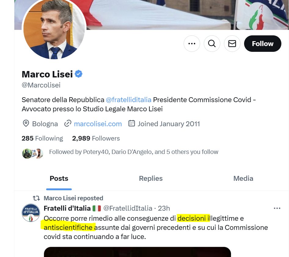 Continuo a chiedere al sen. <a href="/Marcolisei/">Marco Lisei</a> e a <a href="/FratellidItalia/">Fratelli d'Italia 🇮🇹</a> quali sono le decisioni ANTISCIENTIFICHE assunte dai governi precedenti.

Minare la fiducia dei cittadini negli enti regolatori e quindi danneggiare la salute della nostra comunità per fini politici è da IRRESPONSABILI.