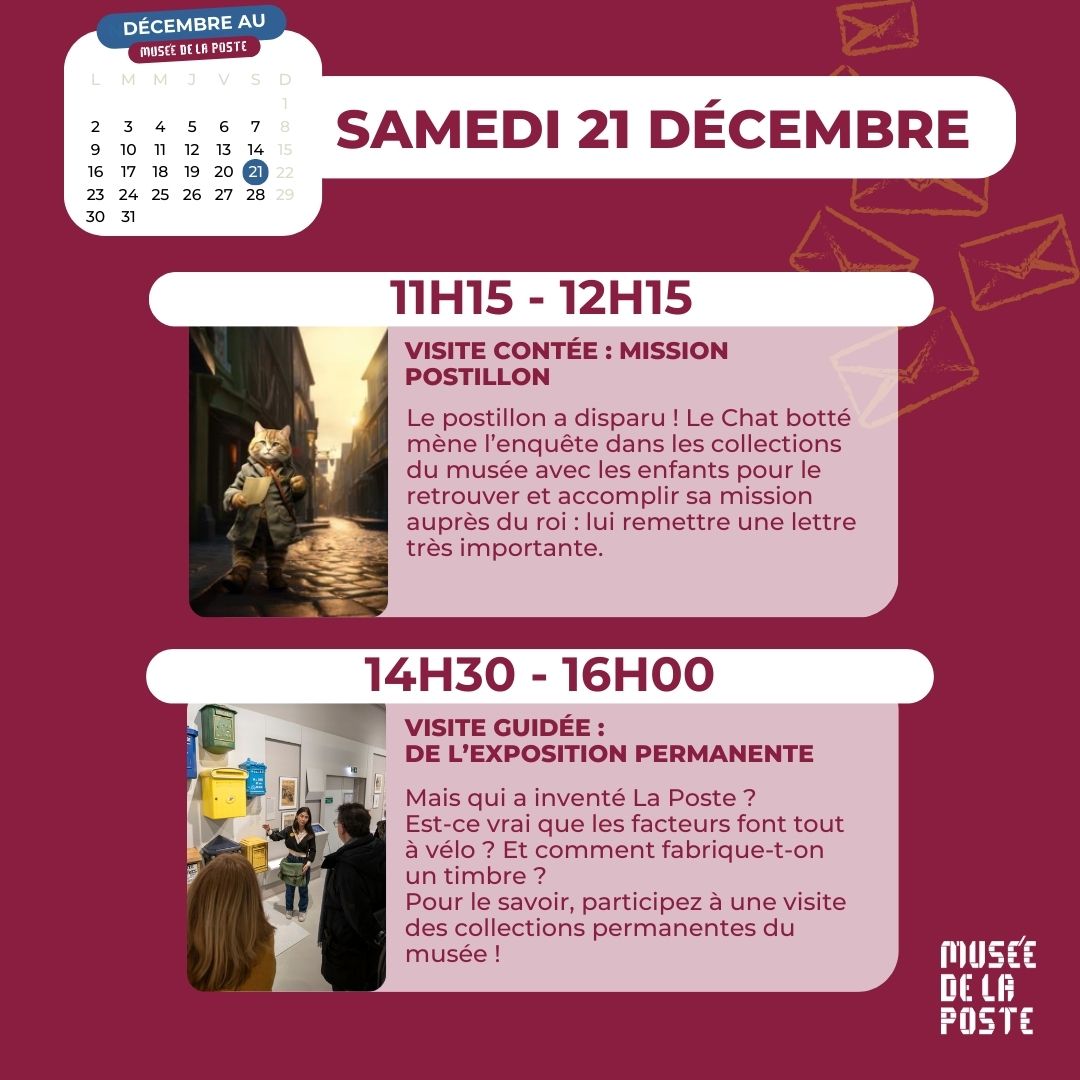 museedelaposte's tweet image. Il reste quelques places pour nos activités du samedi 21 décembre !

👉#Visite contée "Mission Postillon" (à partir de 3 ans) : museedelaposte.fr/expositions-et…
👉Visite guidée de l'exposition permanente : museedelaposte.fr/expositions-et…

📍Musée de #LaPoste
📍34 boulevard de Vaugirard, #Paris 15