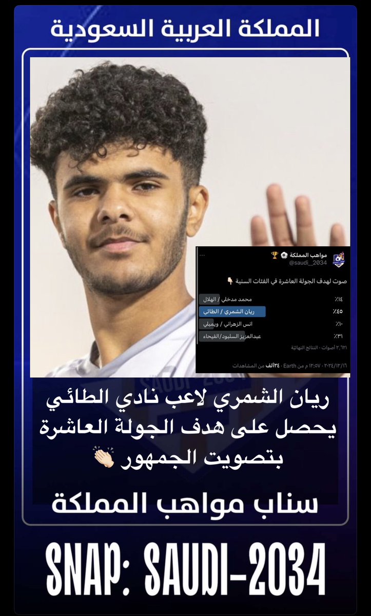 saudi__2034's tweet photo. ريان الشمري لاعب نادي الطائي يحصل على هدف الجولة العاشرة بتصويت الجماهير 👏🏻 https://t.co/FO5QXJWYS5