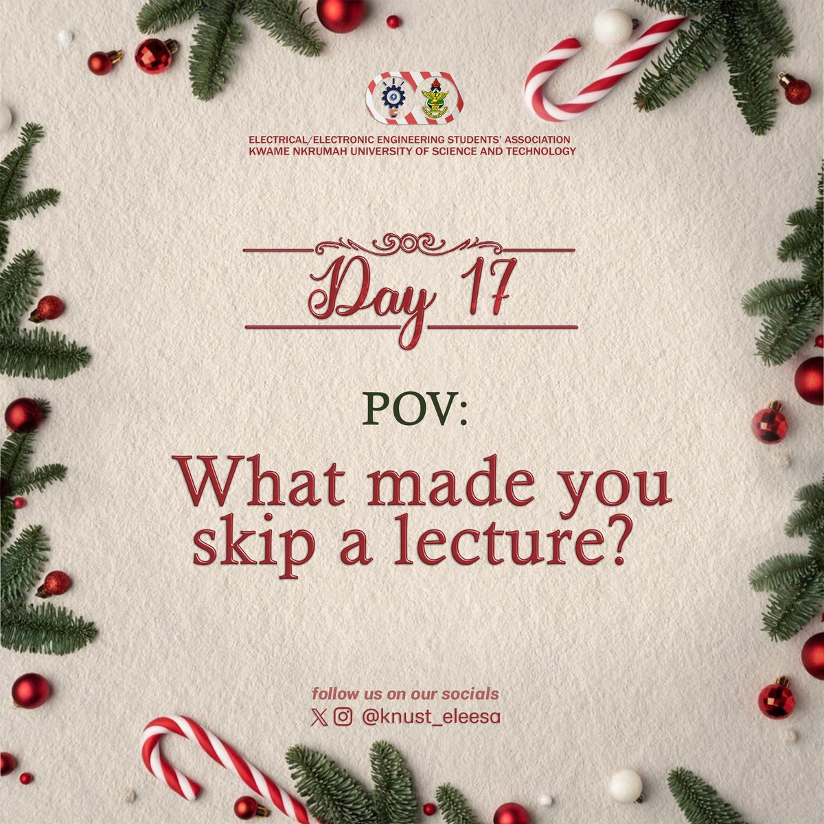 knust_eleesa's tweet photo. ELEESA DECEMBER CHALLENGE π
π½β‘
Lectures are a very essential part of campus life. Some are a whole new vibe π€©, others too? Hoh π, very depressing. Why did you skip a lecture, out of laziness, busy schedule, forgetfulness or over sleeping?
#Challenge17 https://t.co/1B2bD6gwsa