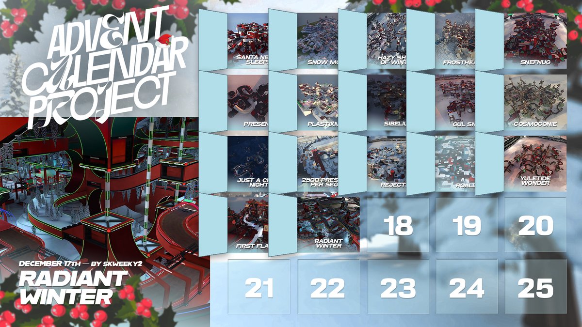 We continue the calendar with a mixed map from <a href="/Skweeky2tm2020/">Skweeky2</a>, featuring a route with a couple of cool tricks and some very nice scenery. 🎄

🗺️ trackmania.exchange/s/map/211913/
📺 youtu.be/m8JQiwFYn14