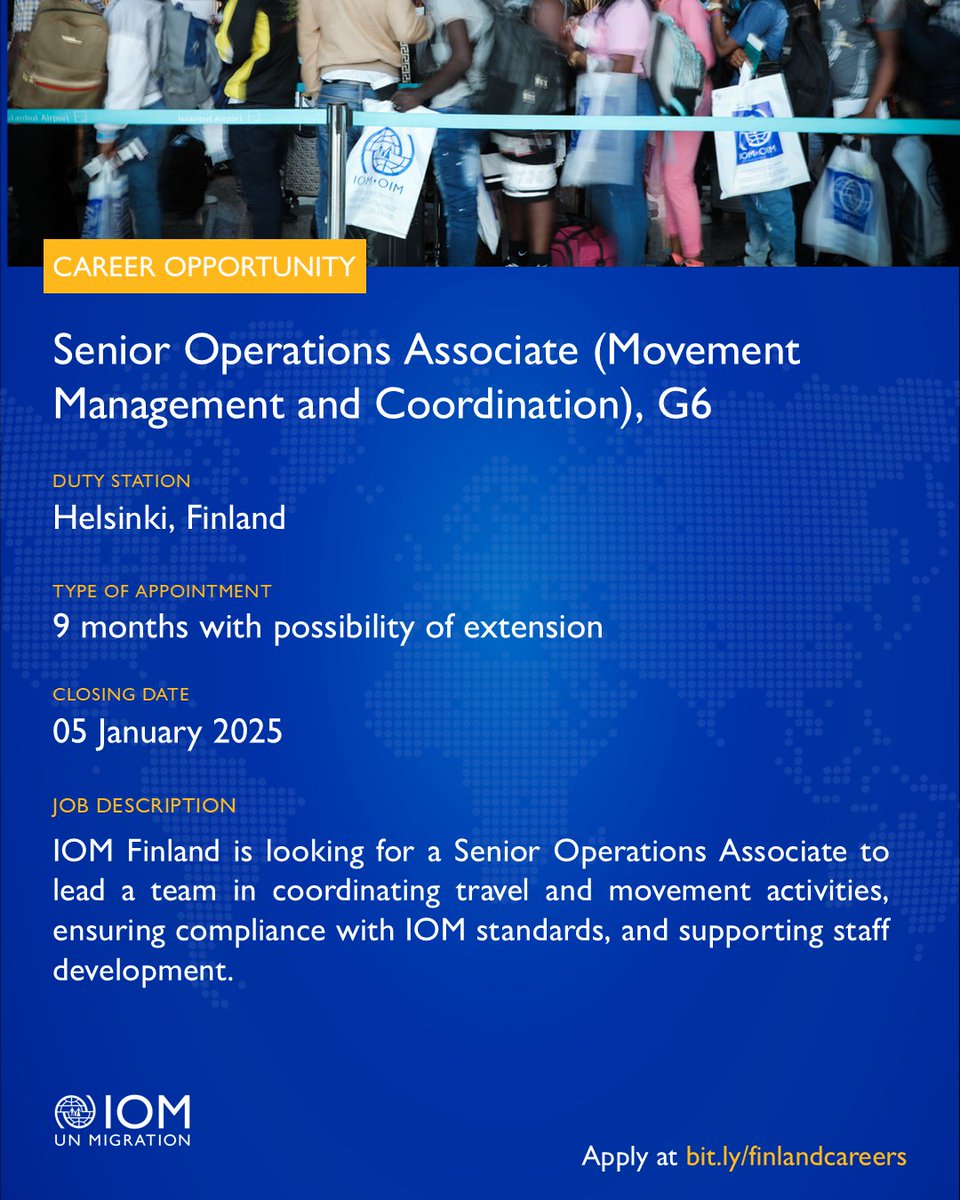 📢 We are looking for a Senior Operations Associate (Movement Management and Coordination)!

🗨 Required: Fluency in written and spoken English
📅 Apply by 05 January 2025 👉 bit.ly/finlandcareers

#UNcareers #UNjobs