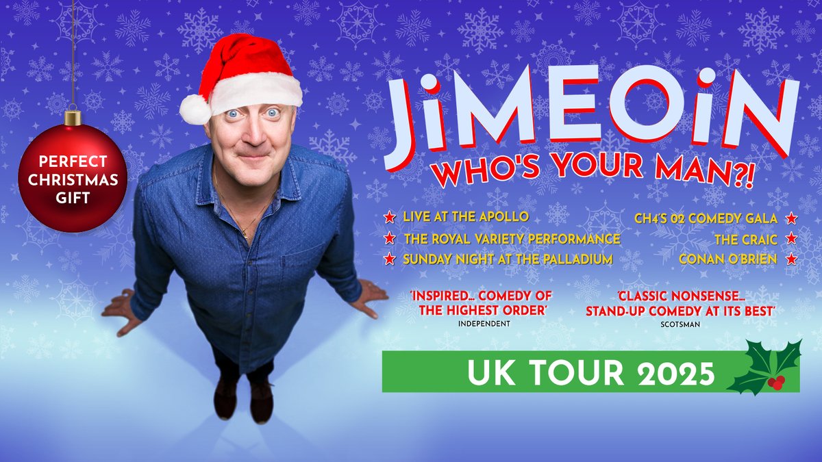 The perfect Christmas gift 🎁 Don't miss comedy's internationally acclaimed Jimeoin on his Who's Your Man tour, kicking off in 2025.

Find your tickets 🎟️ &gt;&gt; bit.ly/3DmjGXk

<a href="/jimeoin/">Jimeóin</a>