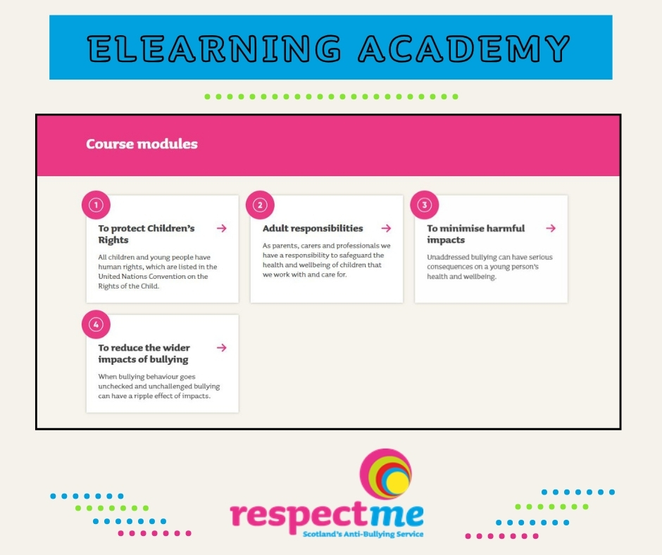 📖Looking to understand more about bullying and how to respond to it?

Our free e-learning courses will help you gain knowledge, skills and confidence to respond effectively. Hear the experiences and insights of young people, professionals and parents.

➡️ respectme.org.uk/elearning/