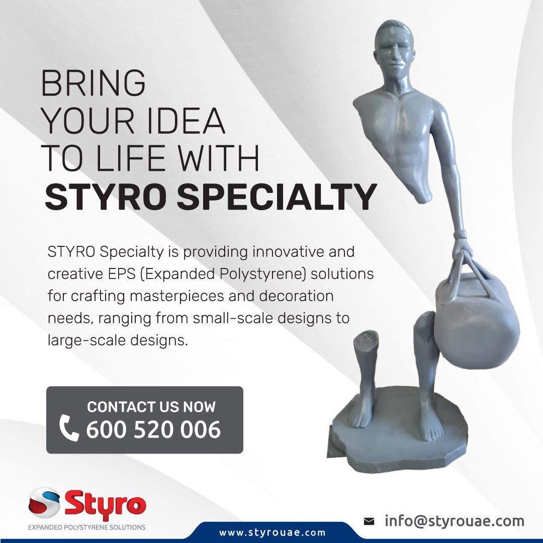 Transform your designs and decorations with STYRO Specialty! From small-scale creations to large-scale creations. 

Call : 600 520 006
Visit: styrouae.com
Email: info@styrouae.com

#creativedesign #styrospecialty #innovation #styrouae #styrofoamdecoration #styroeps