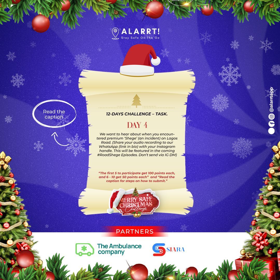 alarrtapp's tweet photo. Hiya! 😇
Another task is here for you!

We can't wait to listen to your road stories, hurry and complete your #MerrySafeChallenge task.

📌Also, we'll be posting bonus quiz at  4 p.m today.
It's a chance to boost your points, keep an eye out!

#Day4 #Alarrt #MerrySafeChristmas # https://t.co/URQXEa5TE2