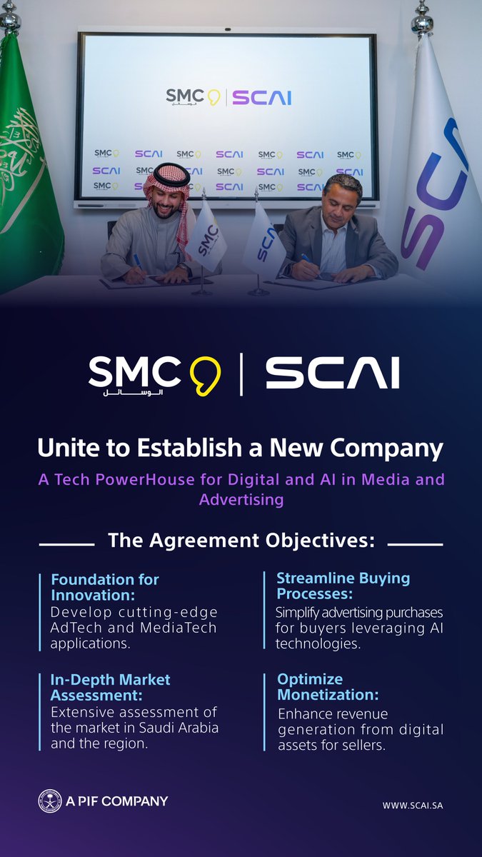 SCAI_AI's tweet photo. We are excited to announce our collaboration with SMC (@smcmena_) to establish a new company specialized in AI for the Media and Advertising. With a shared vision to set new benchmarks, we’re combining innovation and precision to transform the advertising landscape across Saudi Arabia and the region. 

#SCAI #UnlockingValueWithAI