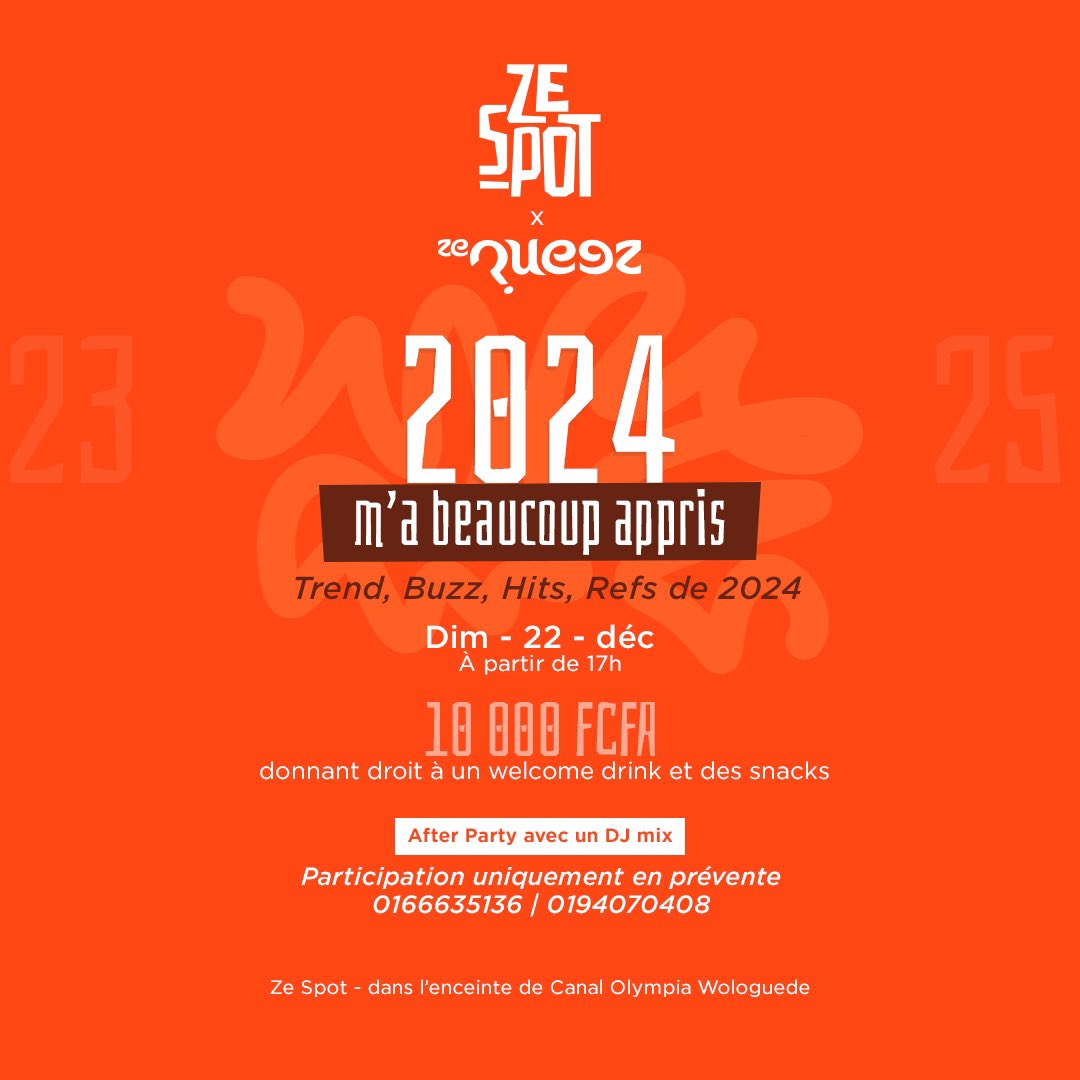 Buzz, moments hilarants, événements, tout ce que vous avez (peut-être) vécu en 2024 en un Queez. « 2024 m’a beaucoup appris », ce dimanche 22 décembre 2024 à Ze Spot à partir de 17h avec une After Party à ne pas rater 🔥

#ZeQueez