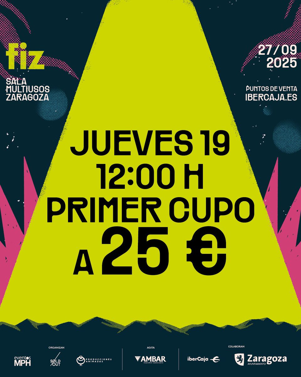 FIZ Festival (@fizfestival) on Twitter photo ¡FIZ 2025 ya está aquí! 🌟
Y como de costumbre, arrancamos con una promo muy especial 💥
📅 Este jueves 19 a las 12:00h salen a la venta las primeras 200 entradas a precio promocional.
Y el viernes... ¡desvelamos el cartel! 🚀
<a href="/ZCultura/">Zaragoza Cultura</a> <a href="/zaragoza_es/">AyuntamientoZaragoza</a> ¡FIZ 2025 ya está aquí! 🌟
Y como de costumbre, arrancamos con una promo muy especial 💥
📅 Este jueves 19 a las 12:00h salen a la venta las primeras 200 entradas a precio promocional.
Y el viernes... ¡desvelamos el cartel! 🚀
<a href="/ZCultura/">Zaragoza Cultura</a> <a href="/zaragoza_es/">AyuntamientoZaragoza</a>