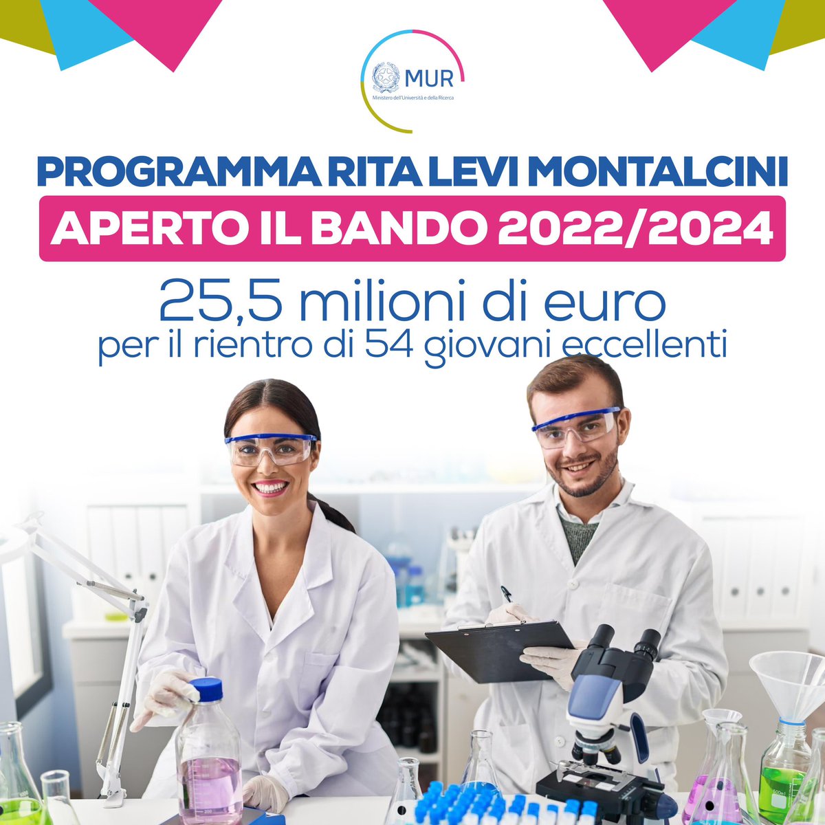 Ministero dell'Universitร e della Ricerca (@mur_gov_) on Twitter photo Far rientrare in Italia i giovani ricercatori. Questo lโobiettivo del #programmaRitaLeviMontalcini che prevede 54 contratti da ricercatore. Un investimento di 25,5 mln di euro per triennio 2022- 2024.
link dedicato
๐๐ป bandomontalcini.mur.gov.it
il bando
๐๐ป gazzettaufficiale.it/30giorni/serieโฆ Far rientrare in Italia i giovani ricercatori. Questo lโobiettivo del #programmaRitaLeviMontalcini che prevede 54 contratti da ricercatore. Un investimento di 25,5 mln di euro per triennio 2022- 2024.
link dedicato
๐๐ป bandomontalcini.mur.gov.it
il bando
๐๐ป gazzettaufficiale.it/30giorni/serieโฆ
