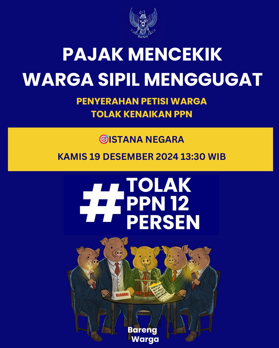 #PajakMencekik! WARGA SIPIL MENGUGAT!

Mari bersama mengawal penyerahan petisi bareng warga #TolakPPN12Persen! Sampai jumpa hari kamis!
#SampaiMenang ✊✊✊