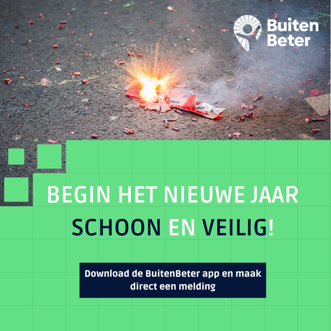 De jaarwisseling laat vaak sporen achter in de openbare ruimte, zoals vuurwerkresten, kapot straatmeubilair of afval rond de containers. Begin het nieuwe jaar schoon en veilig en maak eenvoudig een melding via de BuitenBeter app! Zo zorgen we samen voor een frisse start 💚🎇