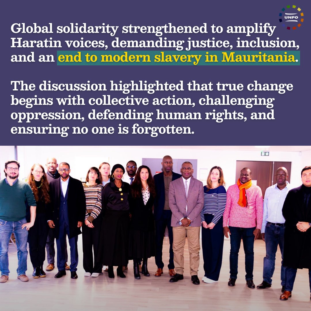 UNPOintl's tweet photo. UNPO’s SG Mercè Monje Cano joined Biram Dah Abeid and the Initiative for the Resurgence of the Abolitionist Movement (IRA) in Paris for a roundtable discussion.
The conversation centered on the systemic oppression and de facto slavery faced by the #Haratin in #Mauritania https://t.co/A0K8klbG4e