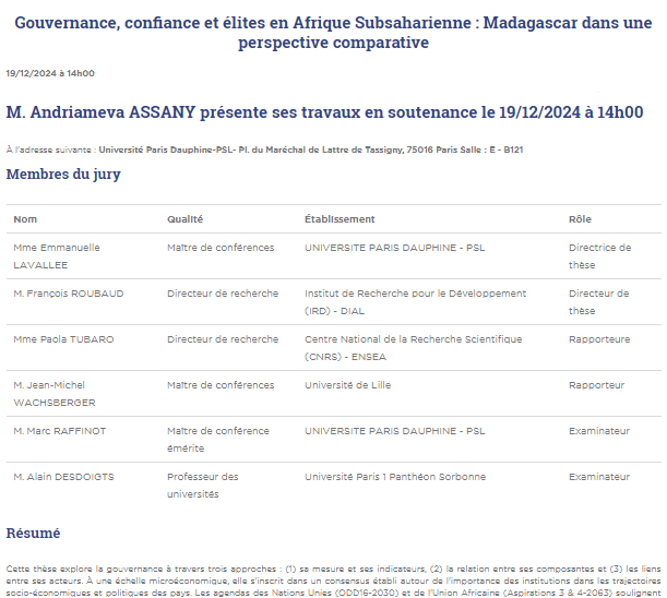 DIAL (@dialdevelopment) on Twitter photo #Soutenance de thèse <a href="/Paris_Dauphine/">Université Paris Dauphine - PSL</a> le 19 décembre à 14h.
Yvan Andriameva ASSANY : "#Governance, #Trust, and #Elites in Sub-Saharan #Africa: #Madagascar in a Comparative Perspective".
dauphine.psl.eu/formations/doc… #Soutenance de thèse <a href="/Paris_Dauphine/">Université Paris Dauphine - PSL</a> le 19 décembre à 14h.
Yvan Andriameva ASSANY : "#Governance, #Trust, and #Elites in Sub-Saharan #Africa: #Madagascar in a Comparative Perspective".
dauphine.psl.eu/formations/doc…