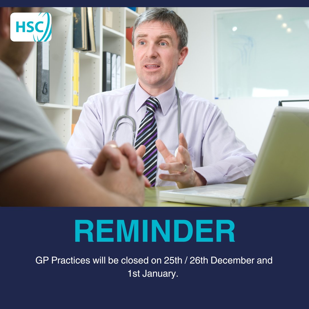 GP Practices will be closed on Wednesday 25 December, Thursday 26 December and Wednesday 2 January.

Find waiting time information at all Emergency Departments and Minor Injury Units at nidirect.gov.uk/emergency-depa…

#HSCNI