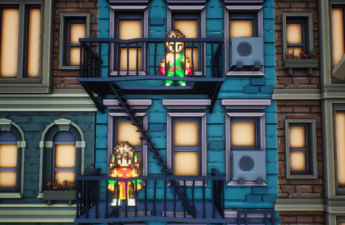 drmu_music3d's tweet image. ドット絵のキャラクターと馴染むように、背景の3Dモデルもテクスチャはドット絵にした方が統一感が出て最高です！！！！！！

#Unreal2D #pixelart
