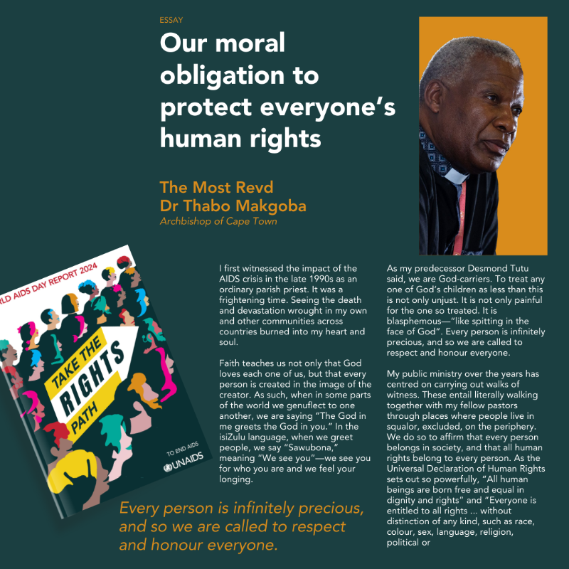 UNAIDS's tweet photo. "Discriminatory laws push people away from lifesaving health care. The path to victory in the HIV response is well marked. That path is marked 'human rights'."

Read @ArchbishopThabo's testimonial in our #WorldAIDSDay2024 report: https://t.co/GhthBLh9qi