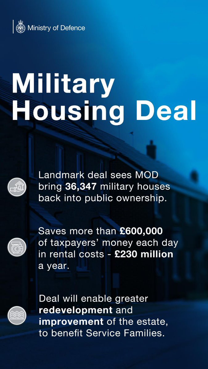 John Healey (@johnhealey_mp) on Twitter photo Our armed forces and their families make extraordinary sacrifices - theirs is the ultimate public service.
I am announcing a landmark deal today to bring military housing back into public hands.
This shows our government is determined to deliver homes fit for our heroes. Our armed forces and their families make extraordinary sacrifices - theirs is the ultimate public service.
I am announcing a landmark deal today to bring military housing back into public hands.
This shows our government is determined to deliver homes fit for our heroes.